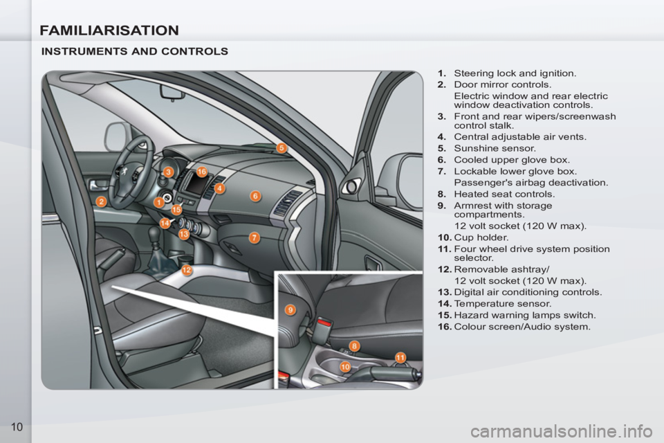 PEUGEOT 4007 2012 User Guide FAMILIARISATION
10
   
INSTRUMENTS AND CONTROLS 
 
 
 
1. 
  Steering lock and ignition. 
   
2. 
  Door mirror controls.  
  Electric window and rear electric 
window deactivation controls. 
   
3. 
