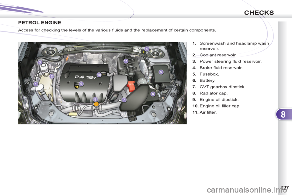 PEUGEOT 4007 2012  Owners Manual 8
CHECKS
PETROL ENGINE 
   
 
1. 
  Screenwash and headlamp wash
reservoir. 
   
2. 
 Coolant reservoir. 
   
3. 
 Power steering ﬂ uid reservoir. 
   
4. 
 Brake ﬂ uid reservoir. 
   
5. 
 Fusebo
