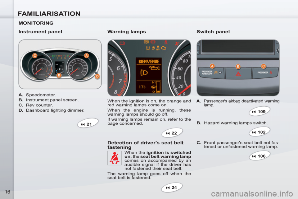 PEUGEOT 4007 2012  Owners Manual FAMILIARISATION
16
   
MONITORING  
   
Instrument panel    
Switch panel 
 
When the ignition is on, the orange and 
red warning lamps come on. 
  When the engine is running, these 
warning lamps sho
