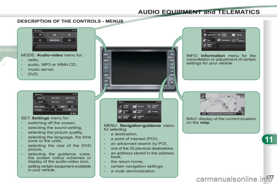 PEUGEOT 4007 2012 Owners Manual 11
AUDIO EQUIPMENT and TELEMATICS
DESCRIPTION OF THE CONTROLS - MENUS US
MODE: Audio-video
menu for:
- radio,
- audio, MP3 or WMA CD,
- music server,
- DVD.
MENU PEUGEOT 4007 2012 Owners Manual 11
AUDIO EQUIPMENT and TELEMATICS
DESCRIPTION OF THE CONTROLS - MENUS US
MODE: Audio-video
menu for:
- radio,
- audio, MP3 or WMA CD,
- music server,
- DVD.
MENU