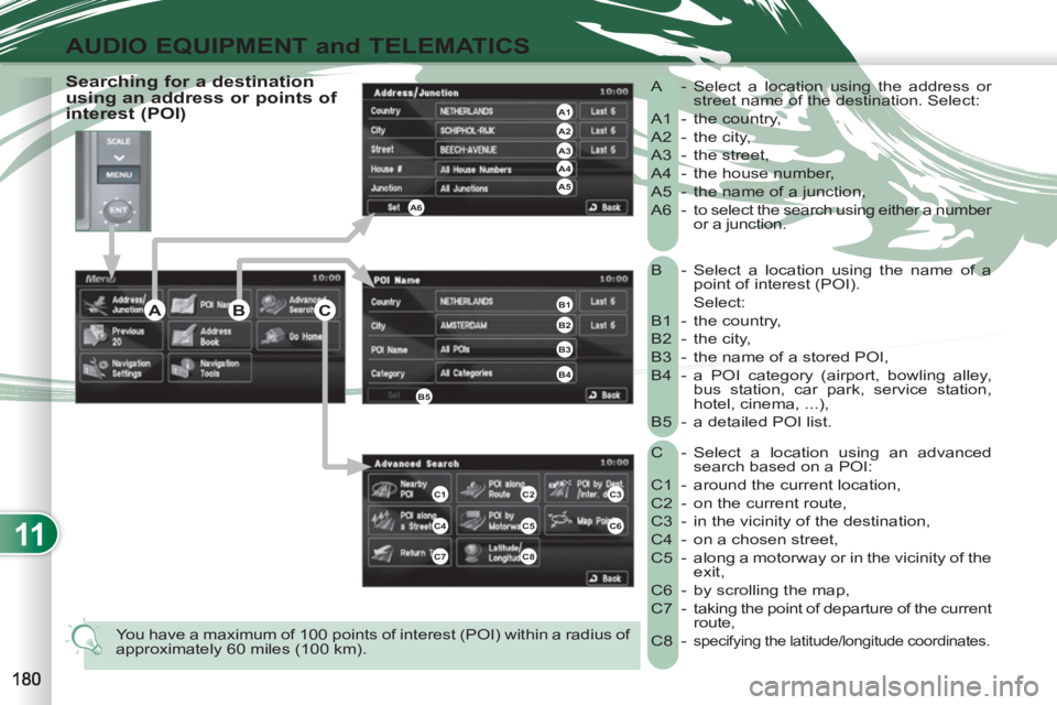 PEUGEOT 4007 2012 Owners Manual 11
AUDIO EQUIPMENT and TELEMATICS
B -
Select a location using the name of a
point of interest (POI).
Select:
B1 - the country,
B2 - the city,
B3 - the name of a stored POI,
PEUGEOT 4007 2012 Owners Manual 11
AUDIO EQUIPMENT and TELEMATICS
B -
Select a location using the name of a
point of interest (POI).
Select:
B1 - the country,
B2 - the city,
B3 - the name of a stored POI,