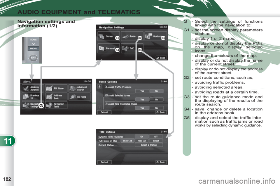 PEUGEOT 4007 2012 Owners Manual 11
AUDIO EQUIPMENT and TELEMATICS
Navigation settings and
information (1/2) G - Select the settings of functions
linked with the navigation to:
G1 - set the screen display parameters
su PEUGEOT 4007 2012 Owners Manual 11
AUDIO EQUIPMENT and TELEMATICS
Navigation settings and
information (1/2) G - Select the settings of functions
linked with the navigation to:
G1 - set the screen display parameters
su