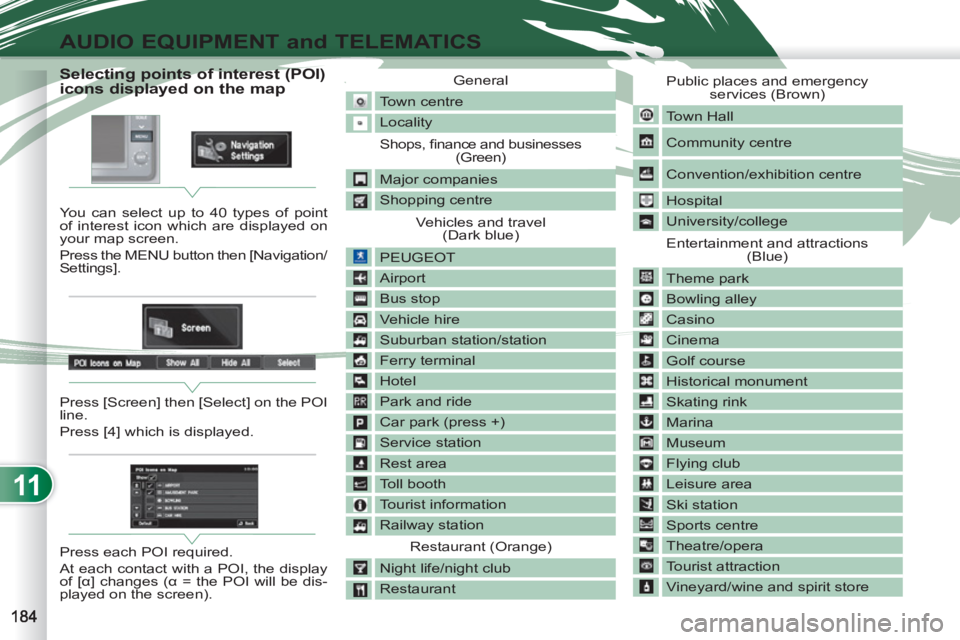 PEUGEOT 4007 2012 Owners Manual 11
AUDIO EQUIPMENT and TELEMATICS
Selecting points of interest (POI)
icons displayed on the map
You can select up to 40 types of point
of interes PEUGEOT 4007 2012 Owners Manual 11
AUDIO EQUIPMENT and TELEMATICS
Selecting points of interest (POI)
icons displayed on the map
You can select up to 40 types of point
of interes