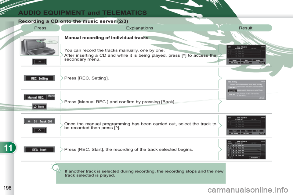 PEUGEOT 4007 2012  Owners Manual 11
AUDIO EQUIPMENT and TELEMATICS
   
Recording a CD onto the music server (2/3) 
 
Press  Explanations  Result 
   
Manual recording of individual tracks 
  You can record the tracks manually, one by