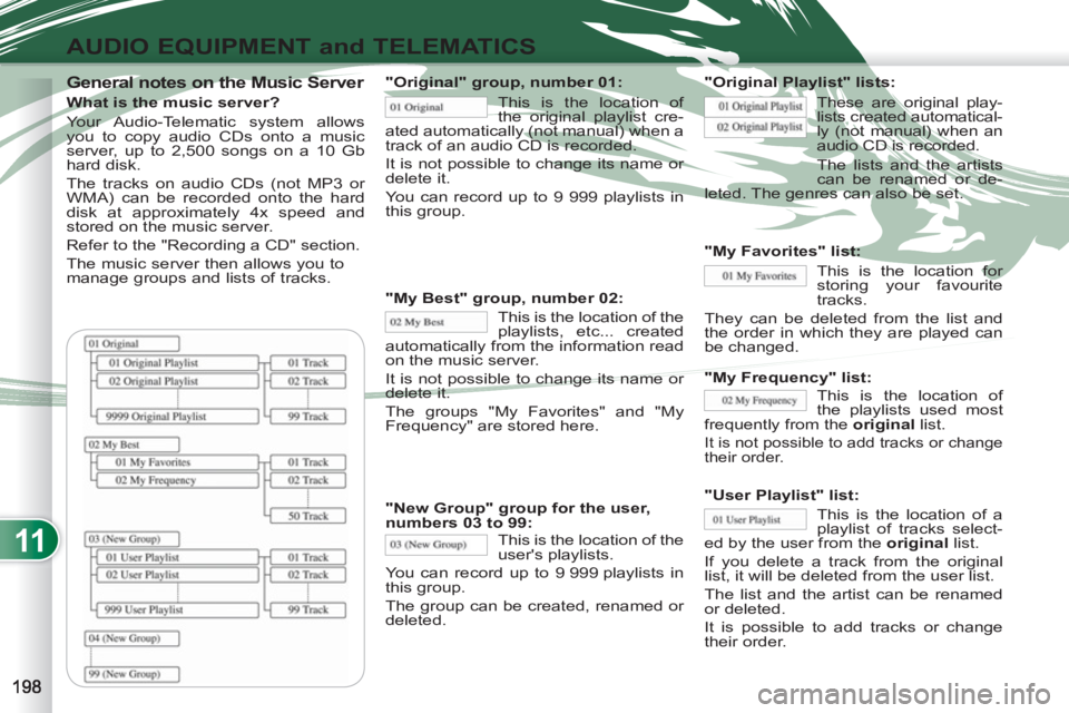 PEUGEOT 4007 2012  Owners Manual 11
AUDIO EQUIPMENT and TELEMATICS
   General notes on the Music Server 
 
 
What is the music server? 
  Your Audio-Telematic system allows 
you to copy audio CDs onto a music 
server, up to 2,500 son