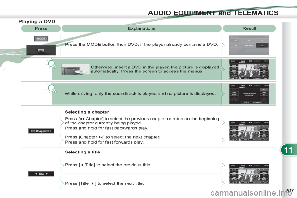 PEUGEOT 4007 2012  Owners Manual 11
AUDIO EQUIPMENT and TELEMATICS
   
 
 
 
 
 
 
 
 
 
 
 
 
 
 
Playing a DVD 
 
Result   
Explanations 
   
Selecting a chapter    Press the MODE button then DVD, if the player already contains a D