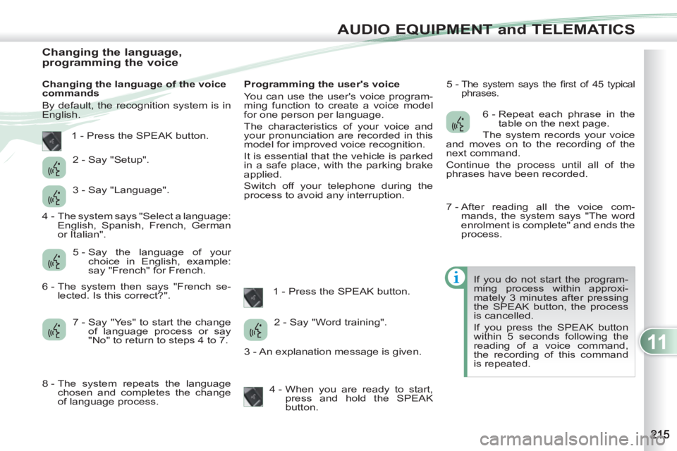 PEUGEOT 4007 2012  Owners Manual 11
AUDIO EQUIPMENT and TELEMATICS
   
 
 
 
 
 
 
 
 
 
 
 
 
 
 
 
 
 
Changing the language, 
programming the voice 
   
Changing the language of the voice 
commands 
  By default, the recognition s