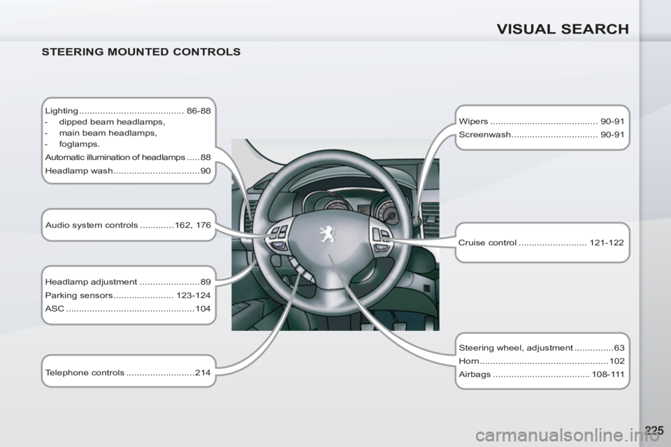 PEUGEOT 4007 2012  Owners Manual VISUAL SEARCH
   
STEERING MOUNTED CONTROLS 
 
 
Lighting ........................................ 86-88 
   
 
-   dipped beam headlamps, 
   
-   main beam headlamps, 
   
-  foglamps.  
  Automatic