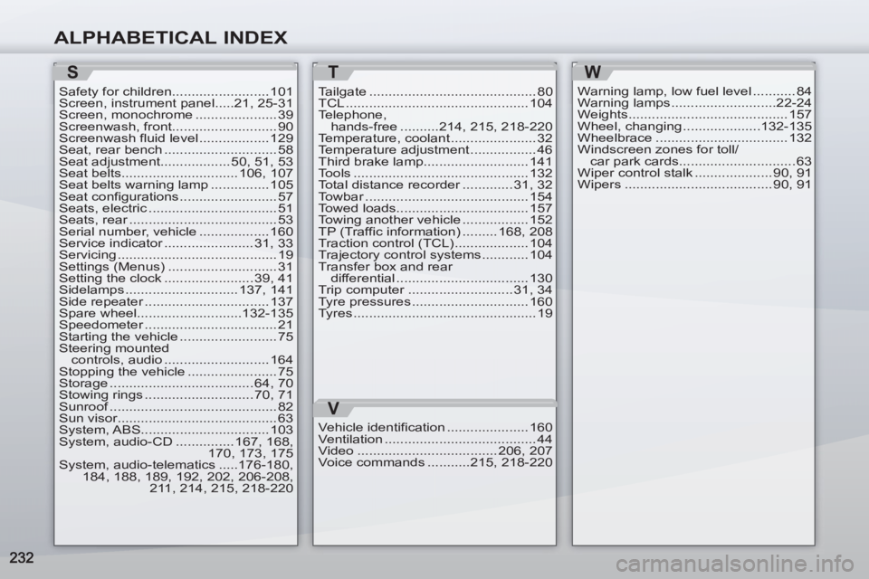 PEUGEOT 4007 2012  Owners Manual ALPHABETICAL INDEX
T
Safety for children......................... 101
Screen, instrument panel.....21, 25-31
Screen, monochrome ..................... 39
Screenwash, front........................... 90