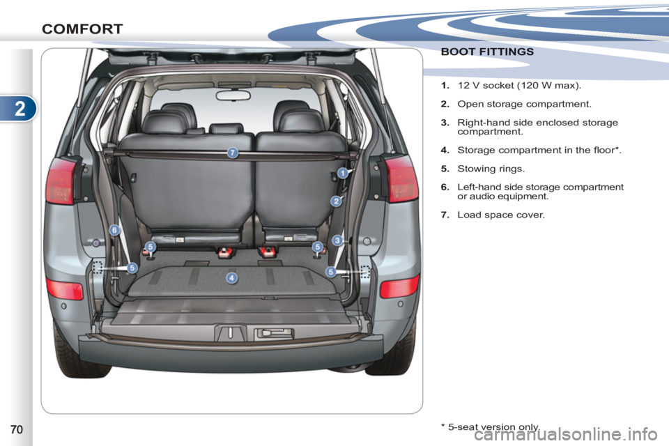 PEUGEOT 4007 2012 Manual PDF 2
COMFORT
BOOTBOOT FITTINGS 
   
 
 
1. 
  12 V socket (120 W max). 
   
2. 
  Open storage compartment. 
   
3. 
  Right-hand side enclosed storage 
compartment. 
   
4. 
  Storage compartment in the