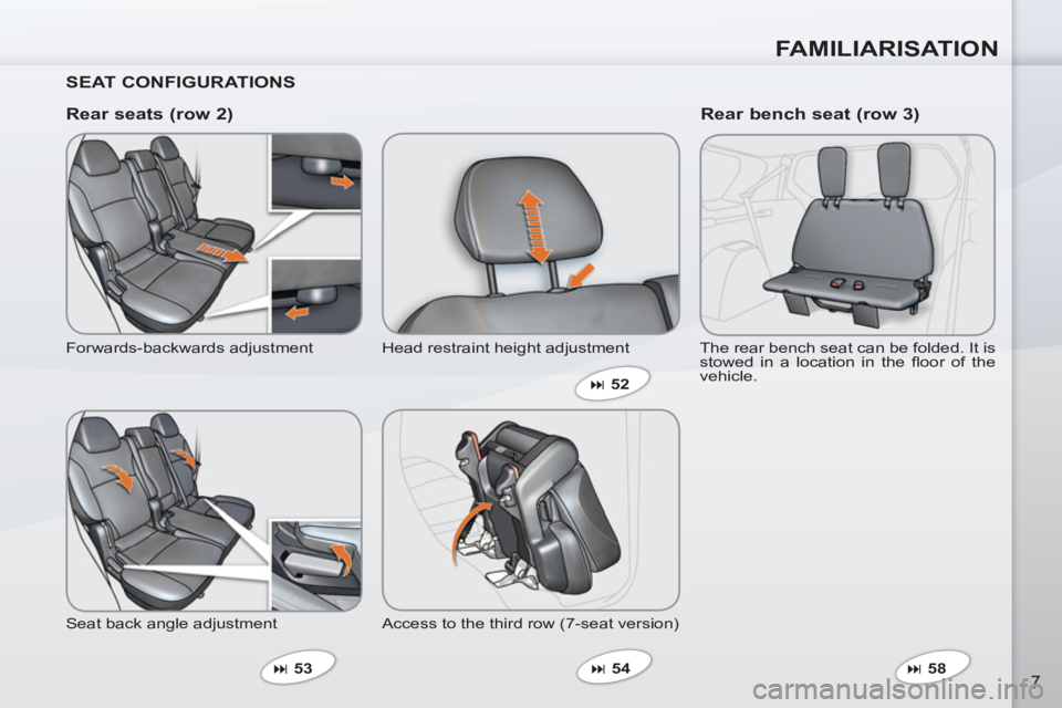 PEUGEOT 4007 2012  Owners Manual FAMILIARISATION
7
   
SEAT CONFIGURATIONS  
   
Rear seats (row 2) 
 
Forwards-backwards adjustment 
  Seat back angle adjustment 
   
 
� 
 53    Head restraint height adjustment 
  Access to the th