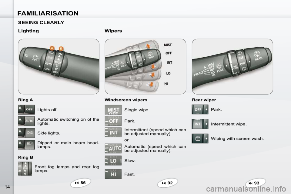 PEUGEOT 4007 2009 User Guide FAMILIARISATION
14
  SEEING CLEARLY   
  Lighting  
  Ring A  
  Ring B   Windscreen wipers 
  Wipers 
  Rear wiper 
 Front  fog  lamps  and  rear  fog  
lamps.       
�   86  
   
�   92   
   