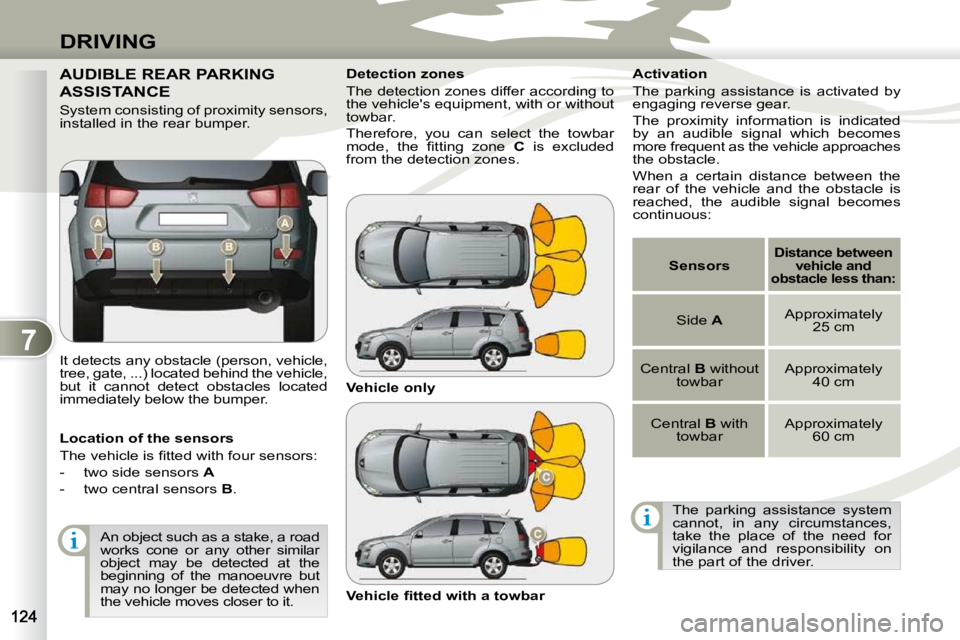 PEUGEOT 4007 2009  Owners Manual 7
DRIVING
AUDIBLE REAR PARKING 
ASSISTANCE 
 It detects any obstacle (person, vehicle,  
tree, gate, ...) located behind the vehicle, 
but  it  cannot  detect  obstacles  located 
immediately below th