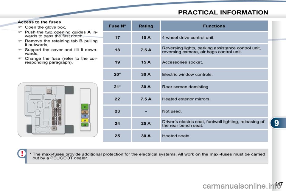 PEUGEOT 4007 2009  Owners Manual 9
PRACTICAL INFORMATION
  Access to the fuses  
   
� � �  �O�p�e�n� �t�h�e� �g�l�o�v�e� �b�o�x�,� 
  
�    Push  the  two  opening  guides    A   in-
�w�a�r�d�s� �t�o� �p�a�s�s� �t�h�e� �ﬁ� �