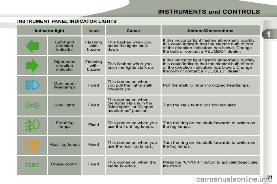 PEUGEOT 4007 2009  Owners Manual 1
INSTRUMENTS and CONTROLS
INSTRUMENT PANELINSTRUMENT PANEL INDICATOR LIGHTS 
   
Indicator light        is on        Cause        Actions/  
Observations    
       Left-hand 
direction  
indicator  