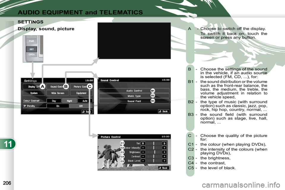 PEUGEOT 4007 2009  Owners Manual 11
AUDIO EQUIPMENT and TELEMATICS
 A  -  Choose to switch off the display.  
    To  switch  it  back  on,  touch  the screen or press any button. 
 B  -   Choose the settings of the sound  in the veh