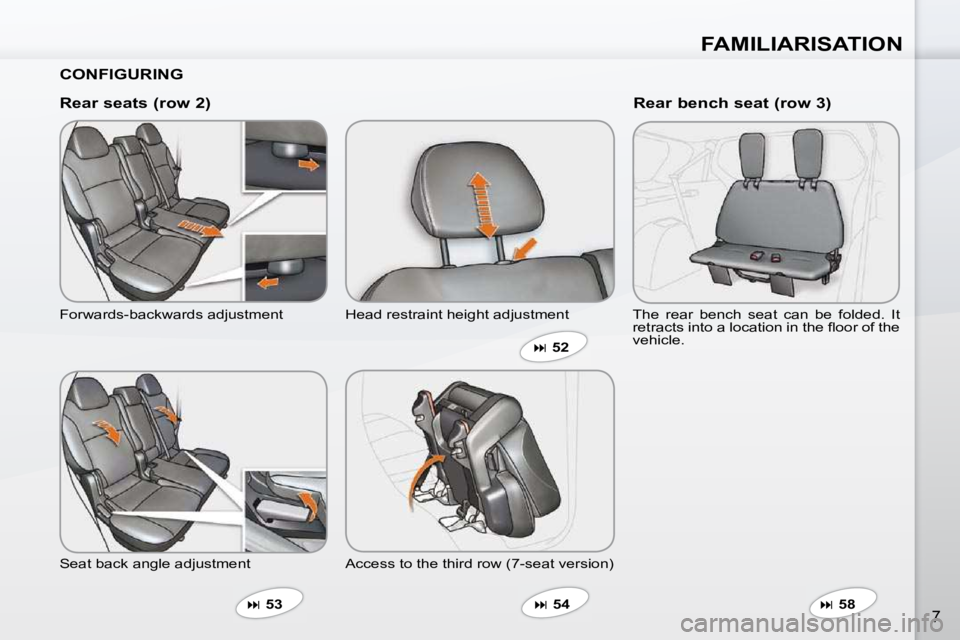 PEUGEOT 4007 2009  Owners Manual FAMILIARISATION
7
  CONFIGURING   
  Rear seats (row 2)  
 Forwards-backwards adjustment  
 Seat back angle adjustment    
�   53    Head restraint height adjustment 
 Access to the third row (7-se