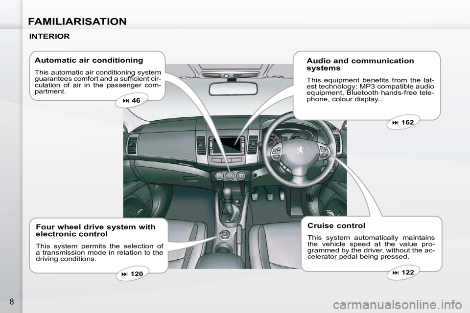 PEUGEOT 4007 2009  Owners Manual FAMILIARISATION
8
  INTERIOR    Automatic air conditioning  
 This automatic air conditioning system  
�g�u�a�r�a�n�t�e�e�s� �c�o�m�f�o�r�t� �a�n�d� �a� �s�u�f�ﬁ� �c�i�e�n�t� �c�i�r�-
culation  of  