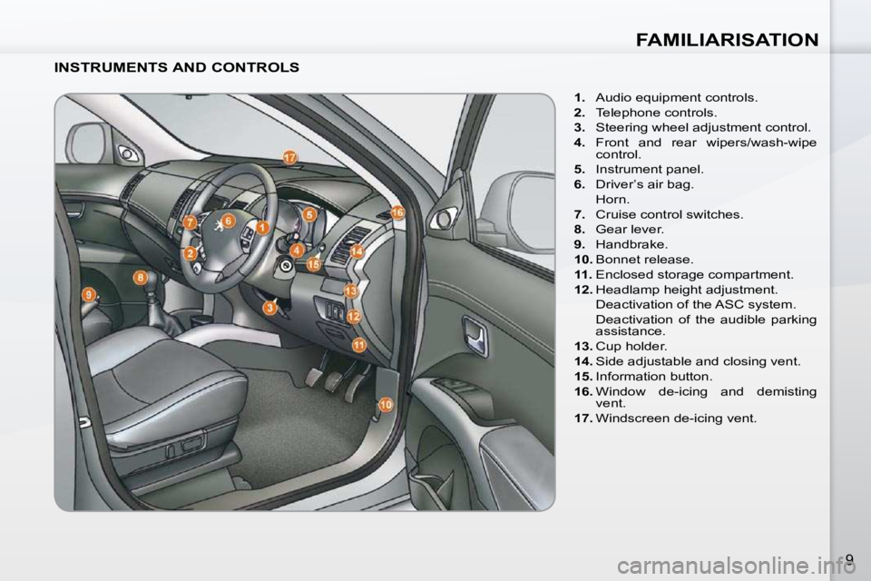 PEUGEOT 4007 2009  Owners Manual FAMILIARISATION
9
  INSTRUMENTS AND CONTROLS    
1.    Audio equipment controls. 
  
2.    Telephone controls. 
  
3.    Steering wheel adjustment control. 
  
4.    Front  and  rear  wipers/wash-wipe