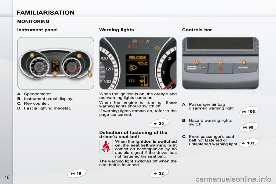 PEUGEOT 4007 2007 User Guide FAMILIARISATION
16
  MONITORING   
  Instrument panel   Controls bar 
   
A. � �  �S�p�e�e�d�o�m�e�t�e�r�.� 
  
B. � �  �I�n�s�t�r�u�m�e�n�t� �p�a�n�e�l� �d�i�s�p�l�a�y�.� 
  
C.    Rev counter. 
  
D