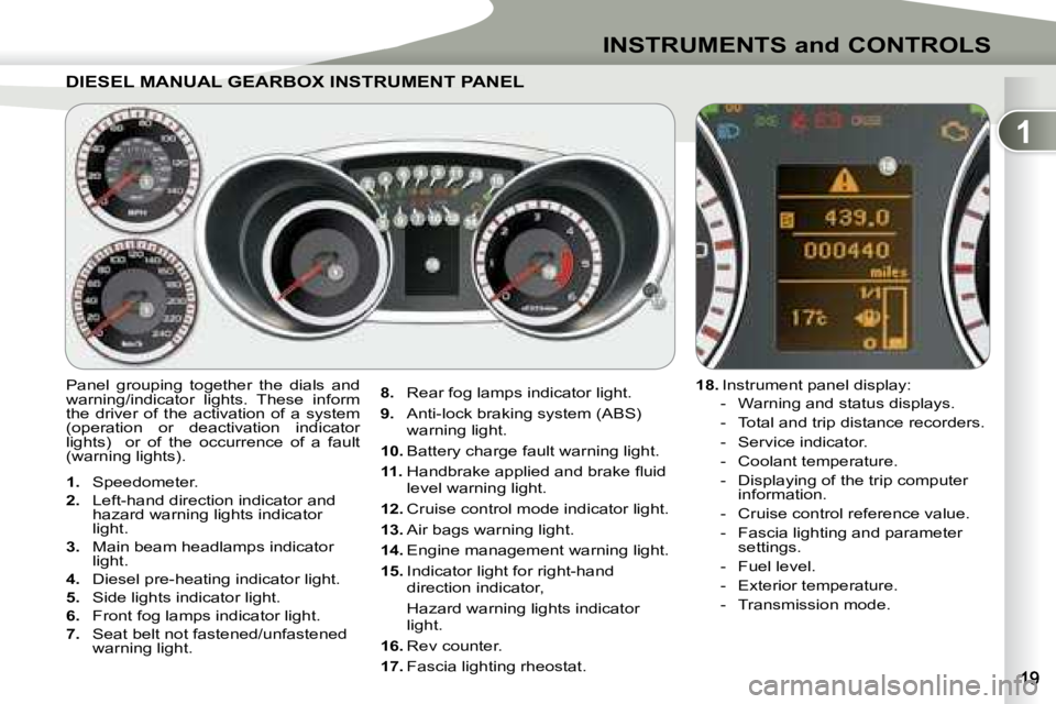 PEUGEOT 4007 2007 User Guide 1
INSTRUMENTS and CONTROLS
     
1.    Speedometer. 
  
2.    Left-hand direction indicator and 
hazard warning lights indicator  
light. 
  
3.    Main beam headlamps indicator 
light. 
  
4.    Dies