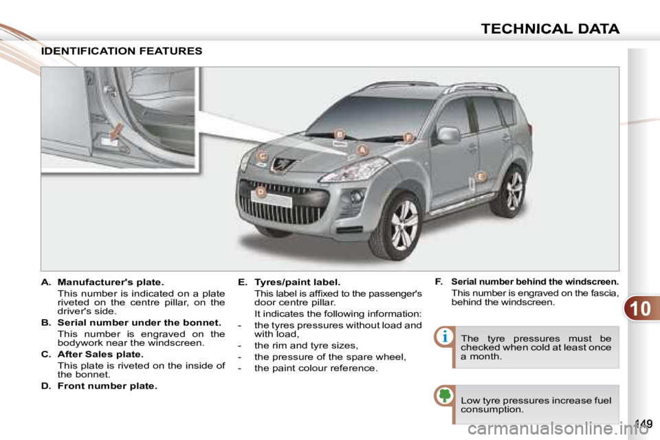 PEUGEOT 4007 2007  Owners Manual 10
i
TECHNICAL DATA
    
A.     Manufacturers plate.    
  This number is indicated on a plate  riveted  on  the  centre  pillar,  on  the  
driver's side. 
  
B.     Serial number under the bonn