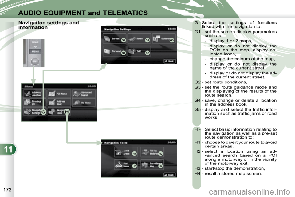 PEUGEOT 4007 2007  Owners Manual 11
GH
G1G2G3
G4G5
H1H2
H3H4
AUDIO EQUIPMENT and TELEMATICS
   Navigation settings and  
information  G - Select  the  settings  of  functions 
linked with the navigation to: 
 G1 - set the screen disp
