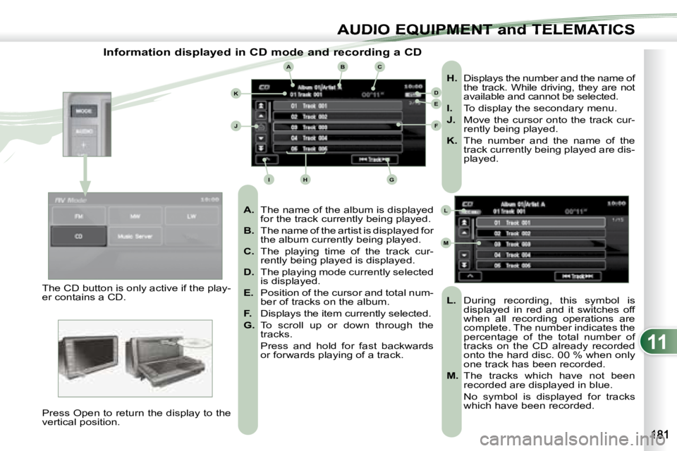 PEUGEOT 4007 2007 Owners Manual 11
ABC
DE
F
GHI
J
K
L
M
AUDIO EQUIPMENT and TELEMATICSEQUIPMENT and TELEMA
Information displayed in CD mode and recording a CD
A. The name of the album is displayed
for the track currently PEUGEOT 4007 2007 Owners Manual 11
ABC
DE
F
GHI
J
K
L
M
AUDIO EQUIPMENT and TELEMATICSEQUIPMENT and TELEMA
Information displayed in CD mode and recording a CD
A. The name of the album is displayed
for the track currently