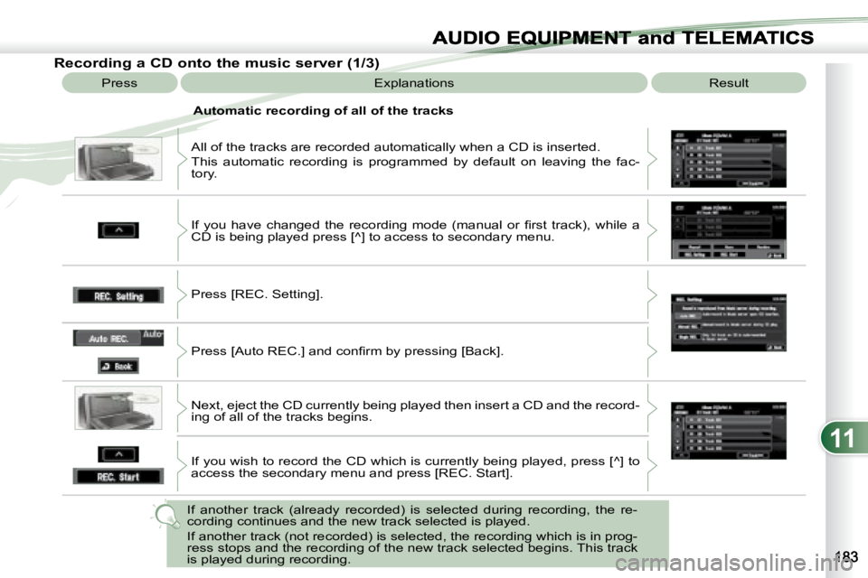 PEUGEOT 4007 2007 Owners Manual 11
EQUIPMENT and TELEMA
Recording a CD onto the music server (1/3)
Press Explanations Result
All of the tracks are recorded automatically when a CD is inserte d.
This a PEUGEOT 4007 2007 Owners Manual 11
EQUIPMENT and TELEMA
Recording a CD onto the music server (1/3)
Press Explanations Result
All of the tracks are recorded automatically when a CD is inserte d.
This a