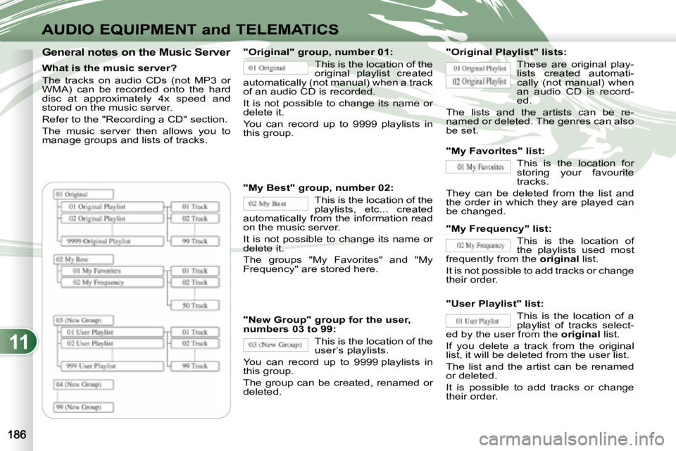 PEUGEOT 4007 2007  Owners Manual 11
AUDIO EQUIPMENT and TELEMATICS
   General notes on the Music Server  
   What is the music server?  
 The  tracks  on  audio  CDs  (not  MP3  or  
WMA)  can  be  recorded  onto  the  hard 
disc  at