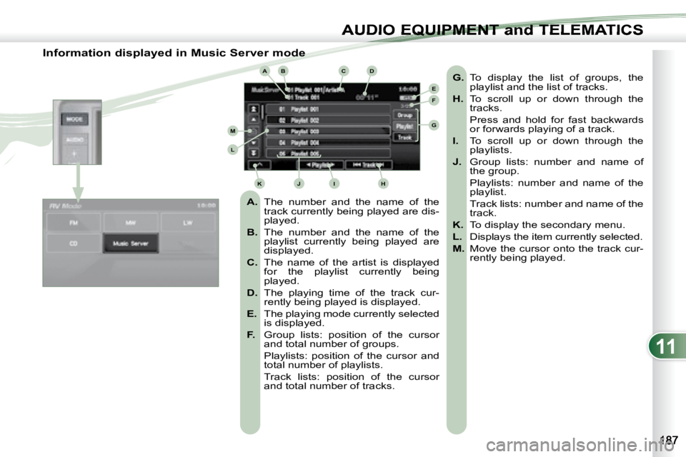 PEUGEOT 4007 2007  Owners Manual 11
ABCD
E
F
G
HIJK
L
M
AUDIO EQUIPMENT and TELEMATICSEQUIPMENT and TELEMA
   Information displayed in Music Server mode    
A.    The  number  and  the  name  of  the 
track currently being played are