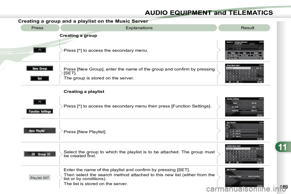 PEUGEOT 4007 2007  Owners Manual 11
AUDIO EQUIPMENT and TELEMATICSEQUIPMENT and TELEMA
                 Creating a group and a playlist on the Music Server 
 Explanations   Result  
 Press [^] to access the secondary menu. 
   Creati