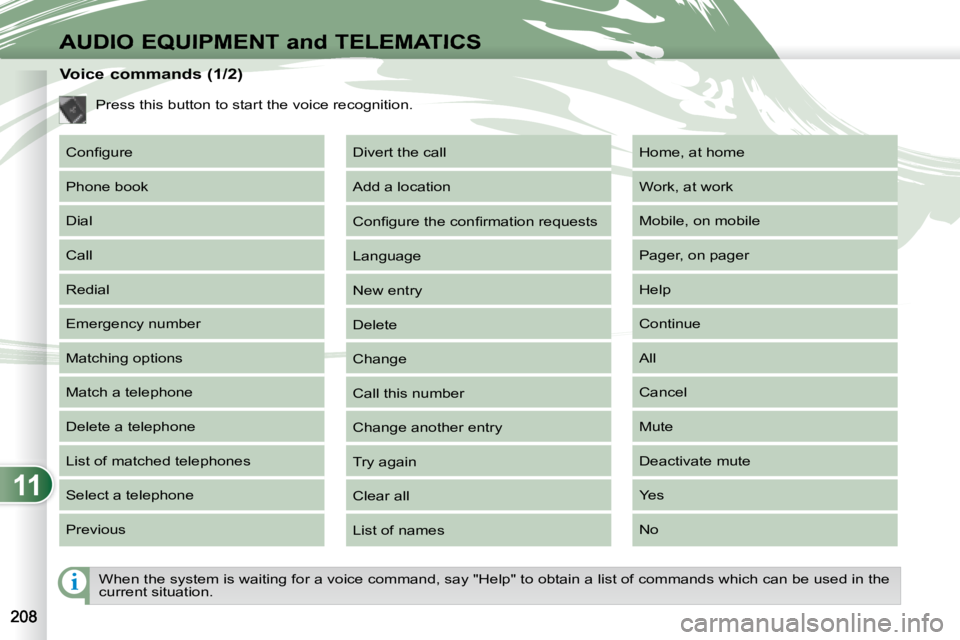 PEUGEOT 4007 2007  Owners Manual 11
i
AUDIO EQUIPMENT and TELEMATICS
    When the system is waiting for a voice command, say "Help" to obtain a list of commands which can be used in the 
current situation.   
                