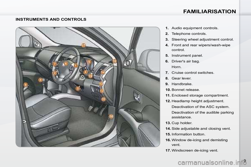 PEUGEOT 4007 2007  Owners Manual FAMILIARISATION
9
  INSTRUMENTS AND CONTROLS    
1. � �  �A�u�d�i�o� �e�q�u�i�p�m�e�n�t� �c�o�n�t�r�o�l�s�.� 
  
2. � �  �T�e�l�e�p�h�o�n�e� �c�o�n�t�r�o�l�s�.� 
  
3. � �  �S�t�e�e�r�i�n�g� �w�h�e�e�