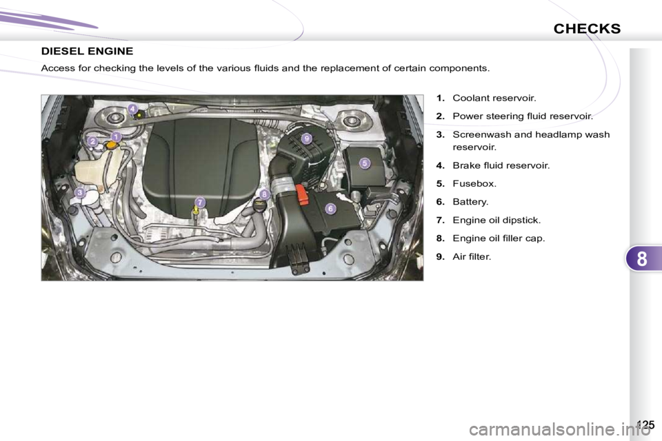 PEUGEOT 4007 2010  Owners Manual 8
CHECKS
DIESEL ENGINE 
� �A�c�c�e�s�s� �f�o�r� �c�h�e�c�k�i�n�g� �t�h�e� �l�e�v�e�l�s� �o�f� �t�h�e� �v�a�r�i�o�u�s� �ﬂ� �u�i�d�s� �a�n�d� �t�h�e� �r�e�p�l�a�c�e�m�e�n�t� �o�f� �c�e�r�t�a�i�n� �c�o