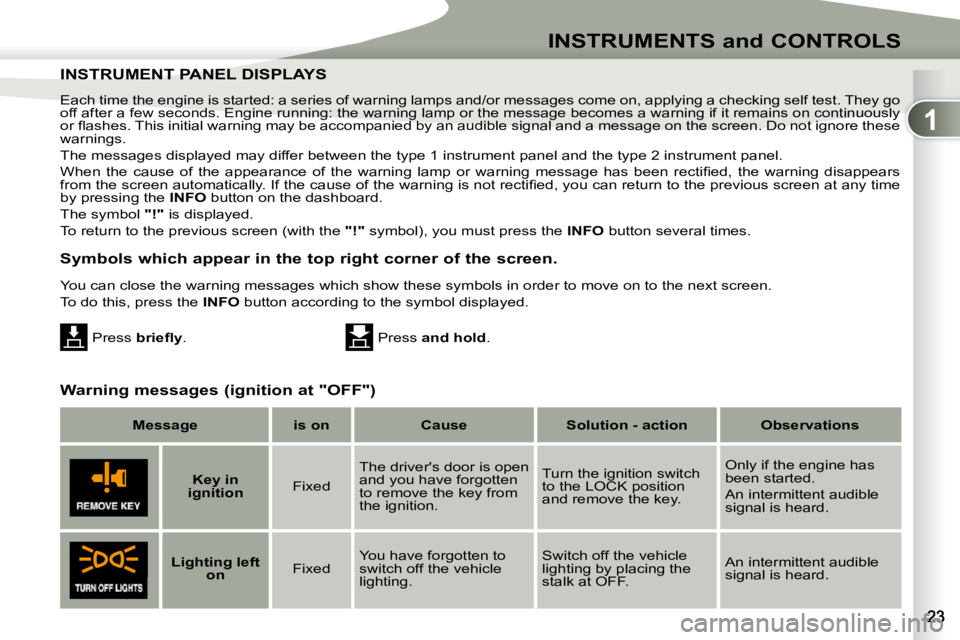 PEUGEOT 4007 2010  Owners Manual 1
INSTRUMENTS and CONTROLS
� �E�a�c�h� �t�i�m�e� �t�h�e� �e�n�g�i�n�e� �i�s� �s�t�a�r�t�e�d�:� �a� �s�e�r�i�e�s� �o�f� �w�a�r�n�i�n�g� �l�a�m�p�s� �a�n�d�/�o�r� �m�e�s�s�a�g�e�s� �c�o�m�e� �o�n�,� �a�