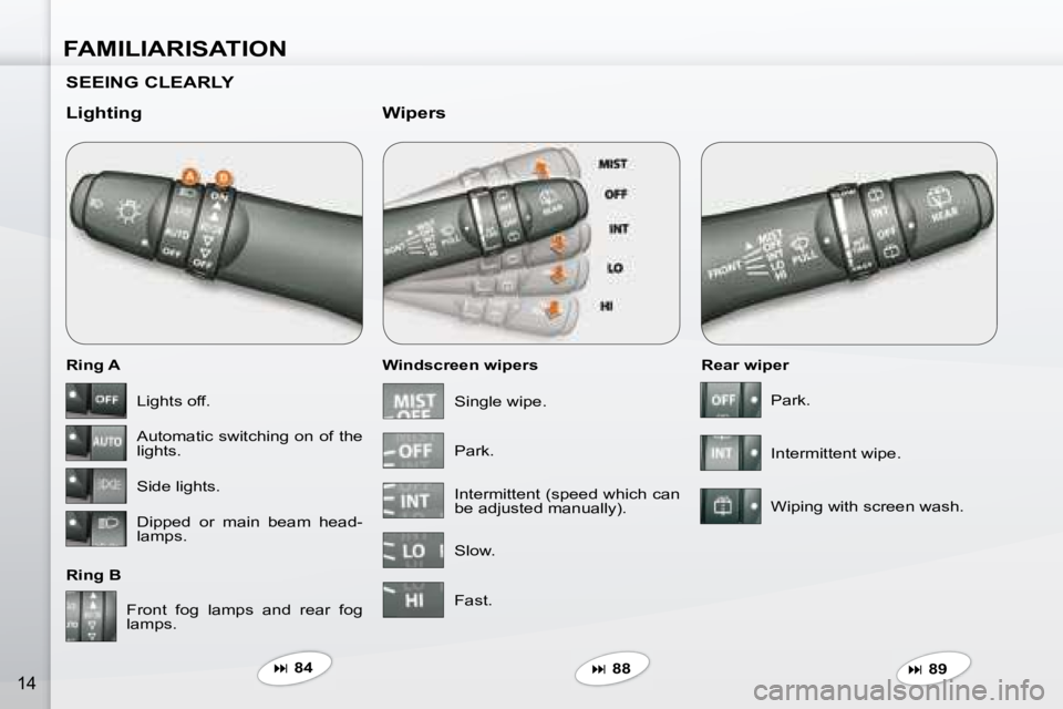 PEUGEOT 4007 2008 User Guide FAMILIARISATION
14
  SEEING CLEARLY   
  Lighting  
  Ring A  
  Ring B   Windscreen wipers 
  Wipers 
  Rear wiper 
 Front  fog  lamps  and  rear  fog  
lamps.       
�   84  
   
�   88   
   