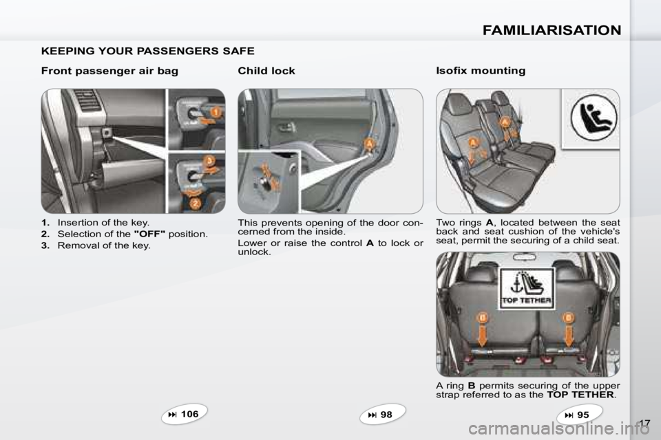 PEUGEOT 4007 2008 User Guide FAMILIARISATION
17
  KEEPING YOUR PASSENGERS SAFE   
  Front passenger air bag    Child lock  
   
1.    Insertion of the key. 
  
2.    Selection of the   "OFF"  position. 
  
3.    Removal of the ke