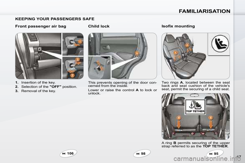 PEUGEOT 4007 2008  Owners Manual FAMILIARISATION
17
  KEEPING YOUR PASSENGERS SAFE   
  Front passenger air bag    Child lock  
   
1.    Insertion of the key. 
  
2.    Selection of the   "OFF"  position. 
  
3.    Removal of the ke