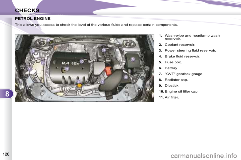 PEUGEOT 4007 2008  Owners Manual 8
CHECKS
PETROL ENGINE          PETROL ENGINE 
   
1.    Wash-wipe and headlamp wash 
reservoir. 
  
2.    Coolant reservoir. 
  
3. � �  �P�o�w�e�r� �s�t�e�e�r�i�n�g� �ﬂ� �u�i�d� �r�e�s�e�r�v�o�i�r