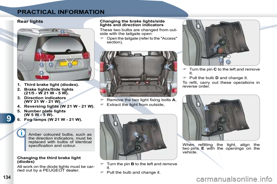 PEUGEOT 4007 2008  Owners Manual 9
i
PRACTICAL INFORMATION
                              Rear lights  
   
1.     Third brake light (diodes).   
  
2.     Brake lights/Side lights  
(21/5 - W 21 W - 5 W).   
  
3.     Direction indic