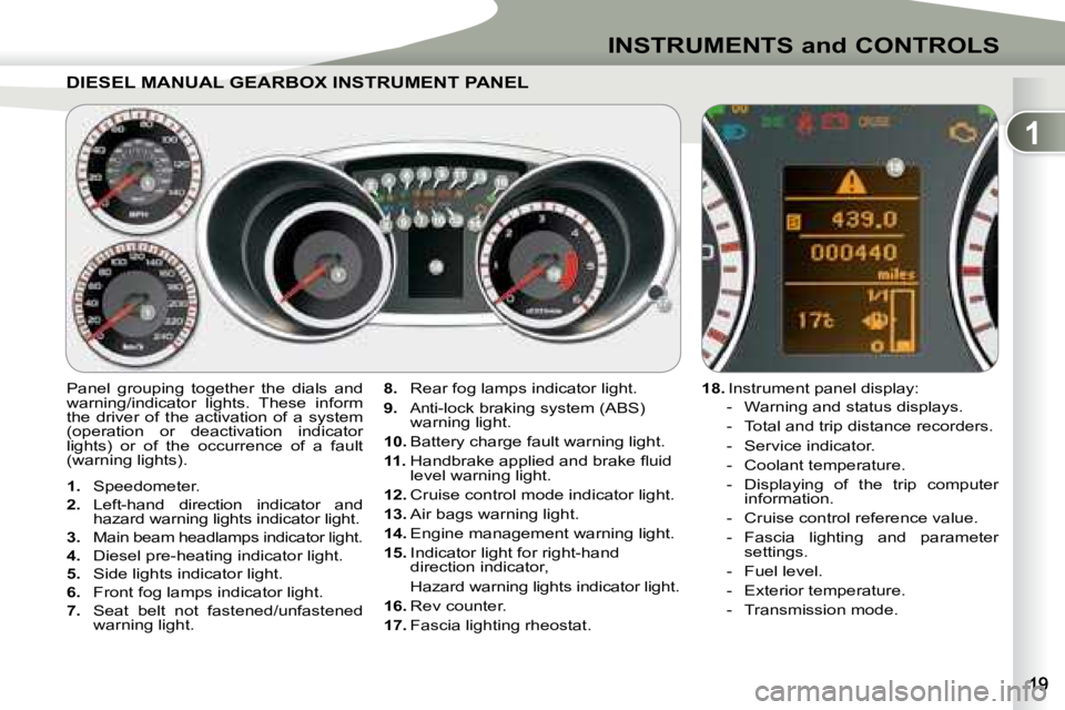 PEUGEOT 4007 2008 User Guide 1
INSTRUMENTS and CONTROLS
    
1.    Speedometer. 
  
2.    Left-hand  direction  indicator  and 
hazard warning lights indicator light. 
  
3.   
Main beam headlamps indicator light. 
  
4.    Diese