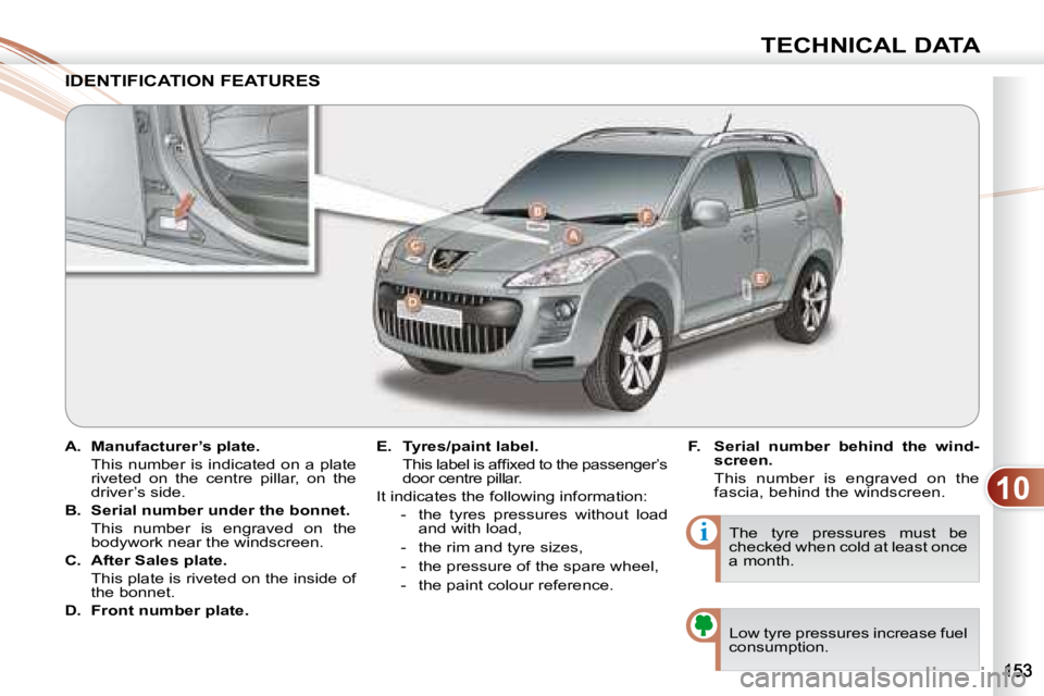 PEUGEOT 4007 2008 Owners Manual 10
i
TECHNICAL DATA
A. Manufacturer’s plate.
This number is indicated on a plate riveted on the centre pillar, on the
driver’s side.
B. Serial number under the bonn PEUGEOT 4007 2008 Owners Manual 10
i
TECHNICAL DATA
A. Manufacturer’s plate.
This number is indicated on a plate riveted on the centre pillar, on the
driver’s side.
B. Serial number under the bonn