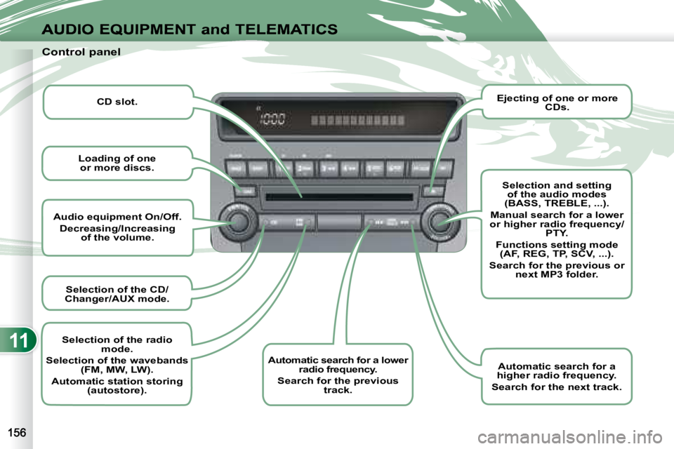 PEUGEOT 4007 2008 Owners Manual 11
AUDIO EQUIPMENT and TELEMATICS
Audio equipment On/Off.
Decreasing/Increasing
of the volume.
Selection of the CD/
Changer/AUX mode.
Automatic search for a lower
radio frequenc PEUGEOT 4007 2008 Owners Manual 11
AUDIO EQUIPMENT and TELEMATICS
Audio equipment On/Off.
Decreasing/Increasing
of the volume.
Selection of the CD/
Changer/AUX mode.
Automatic search for a lower
radio frequenc