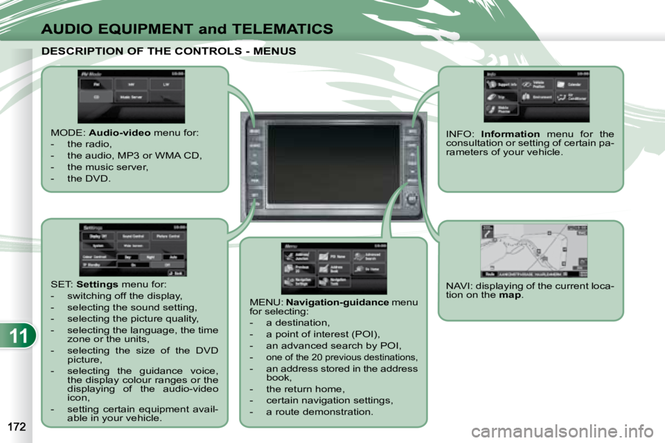 PEUGEOT 4007 2008 Owners Manual 11
AUDIO EQUIPMENT and TELEMATICS
DESCRIPTION OF THE CONTROLS - MENUS DESCRIPTION OF THE CONTROLS - MENUS
MODE: Audio-video menu for:
- the radio,
- the PEUGEOT 4007 2008 Owners Manual 11
AUDIO EQUIPMENT and TELEMATICS
DESCRIPTION OF THE CONTROLS - MENUS DESCRIPTION OF THE CONTROLS - MENUS
MODE: Audio-video menu for:
- the radio,
- the