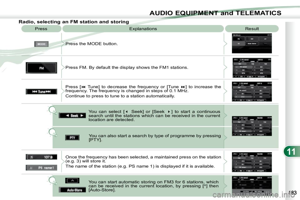 PEUGEOT 4007 2008  Owners Manual 11
AUDIO EQUIPMENT and TELEMATICS
  Radio, selecting an FM station and storing  Press the MODE button. 
 Press 
 Explanations   Result 
     You  can  select  [  �   Seek]  or  [Seek    � ]  to 