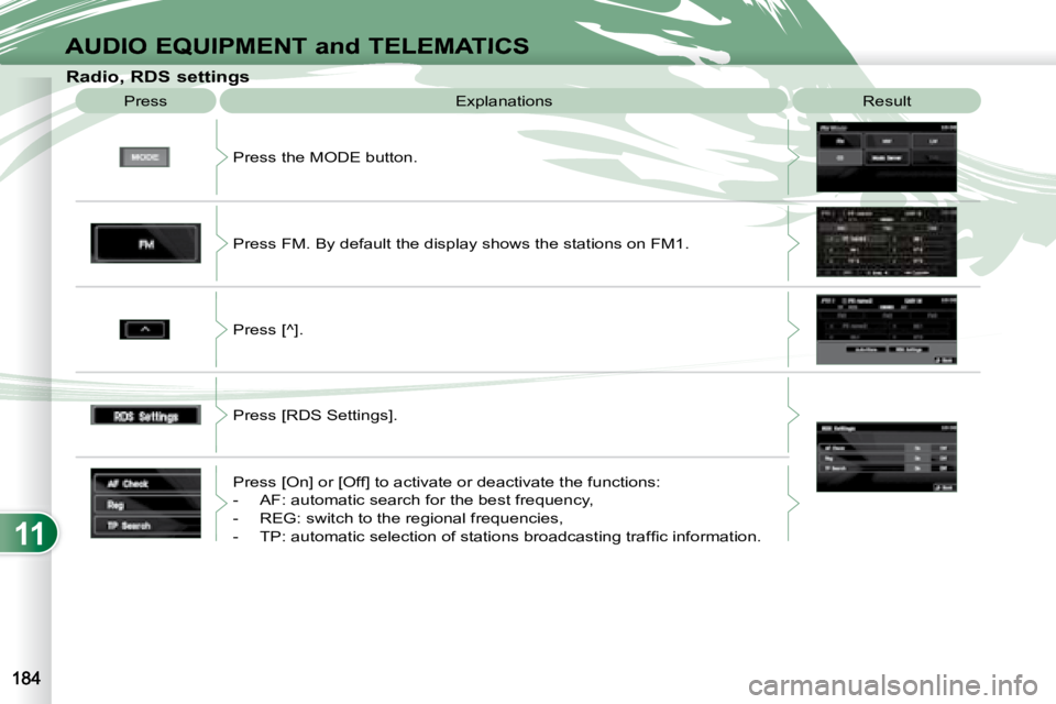 PEUGEOT 4007 2008  Owners Manual 11
AUDIO EQUIPMENT and TELEMATICS
  Radio, RDS settings  Press   Explanations   Result 
 Press the MODE button.  
 Press FM. By default the display shows the stations on FM1.  
 Press [^].  
 Press [R