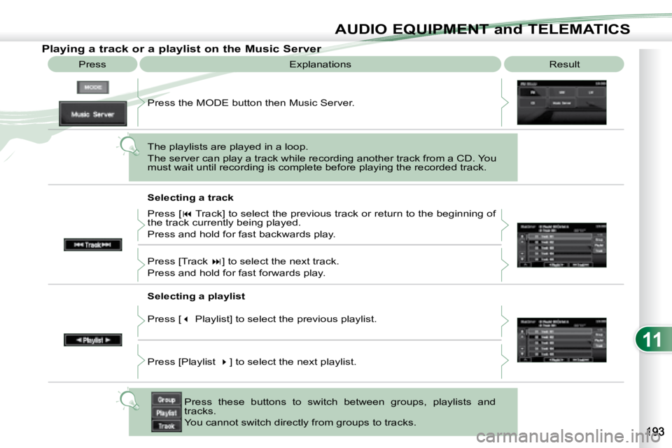 PEUGEOT 4007 2008  Owners Manual 11
AUDIO EQUIPMENT and TELEMATICS
 Explanations  Result 
            Playing a track or a playlist on the Music Se
rver 
 Press 
 Press the MODE button then Music Server.  
 The playlists are played i