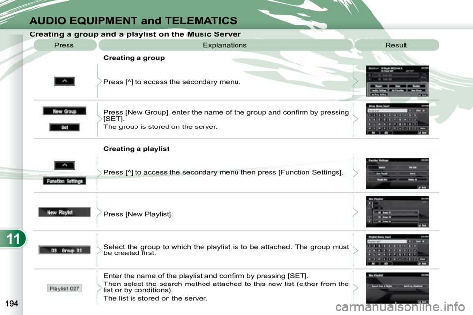 PEUGEOT 4007 2008  Owners Manual 11
AUDIO EQUIPMENT and TELEMATICS
            Creating a group and a playlist on the Music Server 
 Explanations   Result 
 Press [^] to access the secondary menu. 
  Creating a group  
� �P�r�e�s�s� 