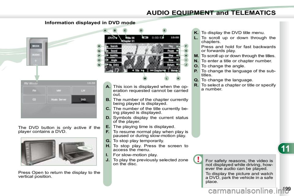 PEUGEOT 4007 2008 Owners Manual 11
ABCDE
FGHIJ
KLM
RQPON
AUDIO EQUIPMENT and TELEMATICS
Information displayed in DVD mode
The DVD button is only active if the
player contains a DVD. Press Open to return th PEUGEOT 4007 2008 Owners Manual 11
ABCDE
FGHIJ
KLM
RQPON
AUDIO EQUIPMENT and TELEMATICS
Information displayed in DVD mode
The DVD button is only active if the
player contains a DVD. Press Open to return th